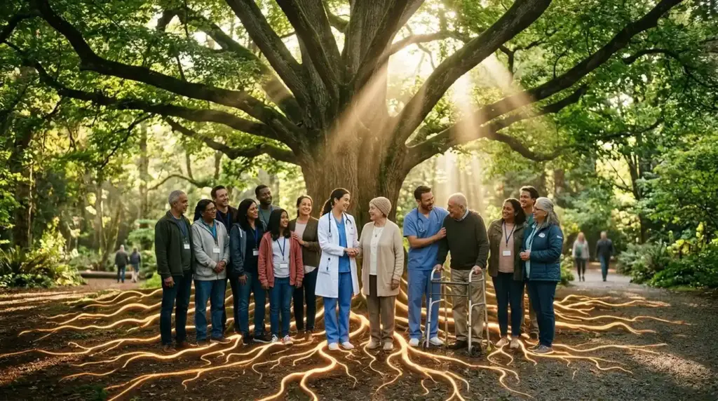 People gather beneath a tree with glowing interconnected roots, symbolizing mental health support, resilience, and community.