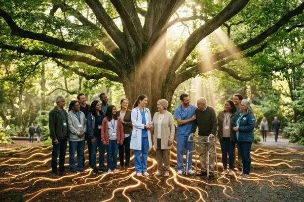 People gather beneath a tree with glowing interconnected roots, symbolizing mental health support, resilience, and community.