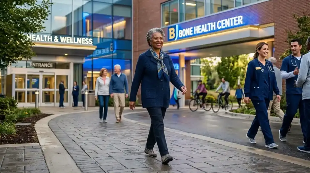 An older adult walks confidently highlighting bone health and osteoporosis prevention.