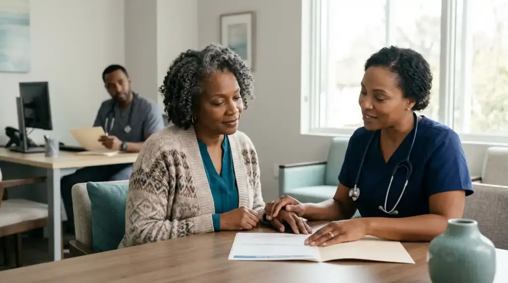 A patient and a healthcare professional reviewing a long-term treatment plan together during a healthcare consultation.