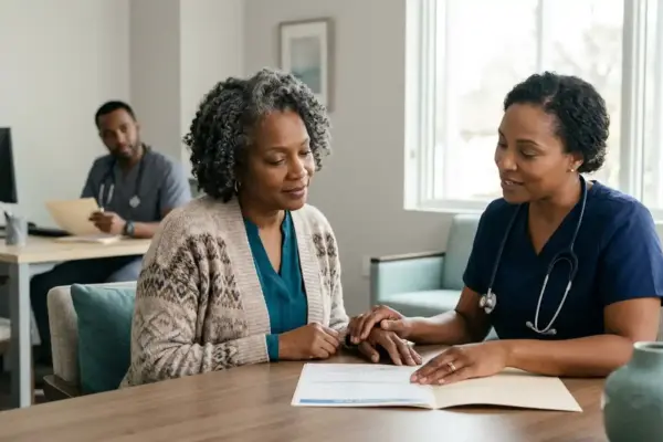 A patient and a healthcare professional reviewing a long-term treatment plan together during a healthcare consultation.