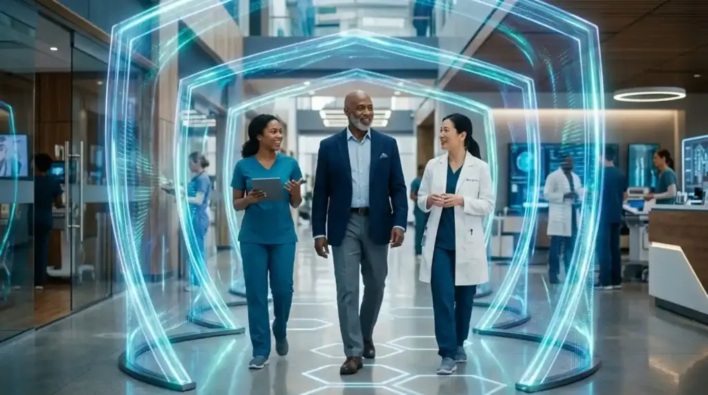 A patient walking through a protected pathway of light with healthcare professionals nearby, symbolizing patient safety and quality care.