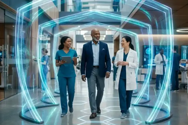 A patient walking through a protected pathway of light with healthcare professionals nearby, symbolizing patient safety and quality care.