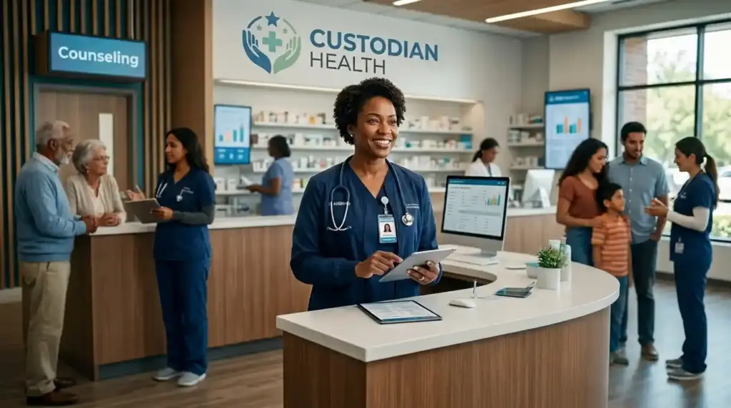 A pharmacist in a pharmacy, appears to attend to you, the viewer.