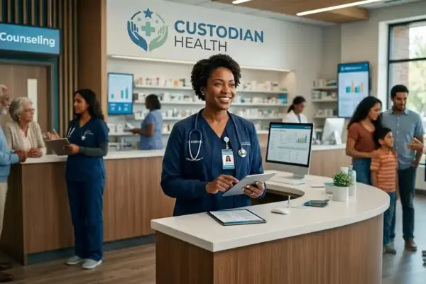 A pharmacist in a pharmacy, appears to attend to you, the viewer.