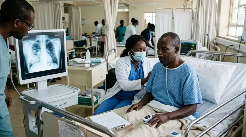 An African healthcare professional examines an adult patient's lungs with a stethoscope while another clinician reviews a chest X-ray showing pneumonia in a modern hospital. A pulse oximeter monitors the patient's oxygen levels, highlighting the importance of early diagnosis and treatment for pneumonia.