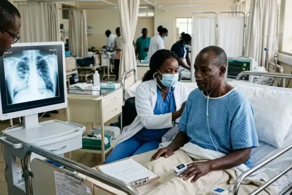 An African healthcare professional examines an adult patient's lungs with a stethoscope while another clinician reviews a chest X-ray showing pneumonia in a modern hospital. A pulse oximeter monitors the patient's oxygen levels, highlighting the importance of early diagnosis and treatment for pneumonia.