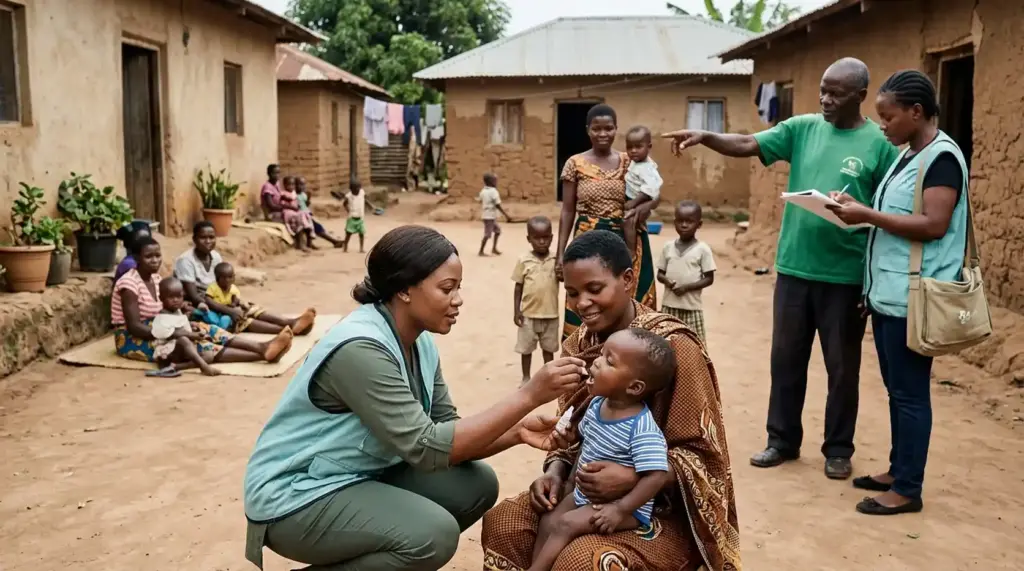 Community health workers and a volunteer engaging with families during a polio immunization outreach visit, representing the shared effort to protect every child and eradicate polio.