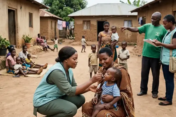 Community health workers and a volunteer engaging with families during a polio immunization outreach visit, representing the shared effort to protect every child and eradicate polio.