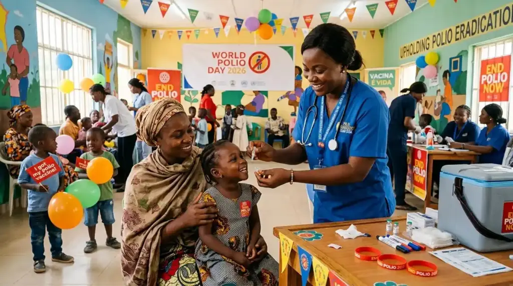 Healthcare workers vaccinate children on world polio day 2026, as part of the global effort to eradicate polio.