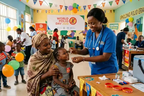 Healthcare workers vaccinate children on world polio day 2026, as part of the global effort to eradicate polio.