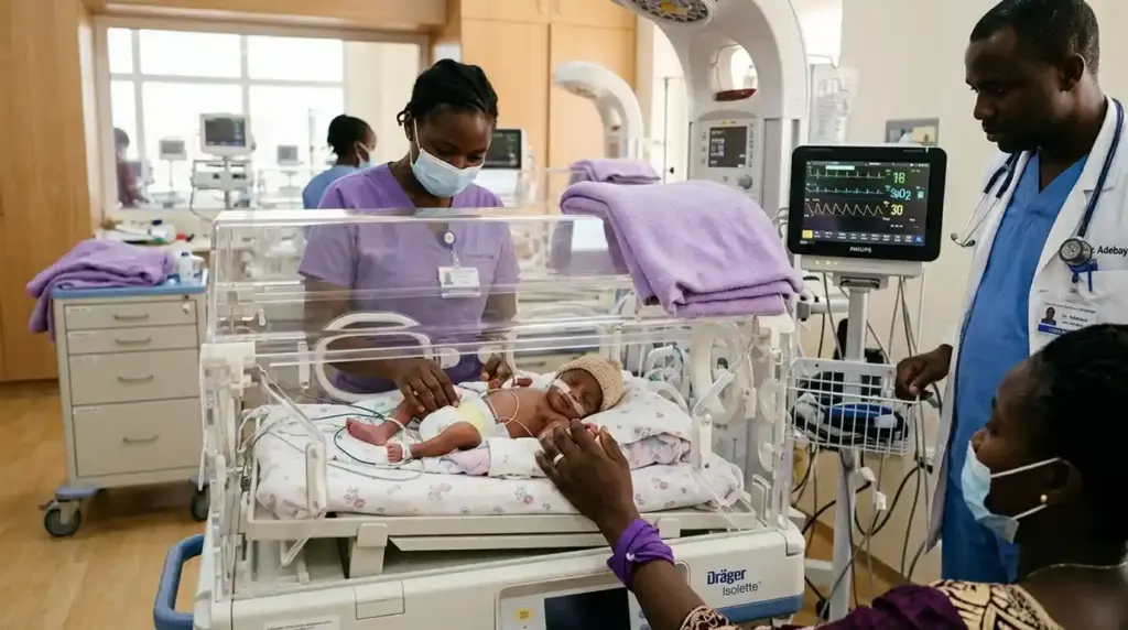 A premature African newborn receives specialized care in a neonatal intensive care unit while healthcare professionals monitor the baby's condition and a parent gently holds the infant's hand through the incubator, highlighting the importance of quality care for premature babies.