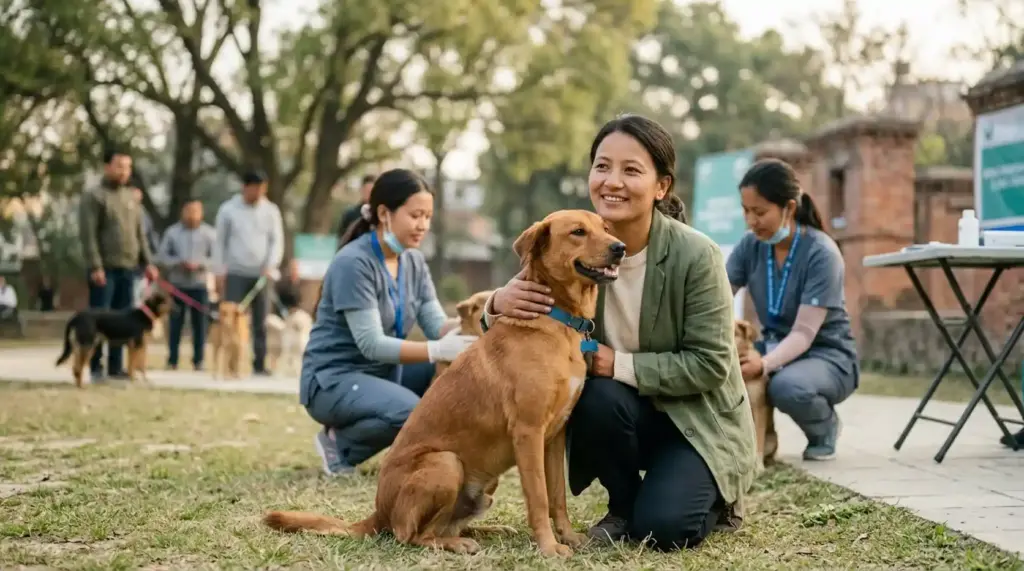 Dog standing calmly beside its owner while a veterinary professional provides care in a community setting.