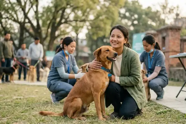 Dog standing calmly beside its owner while a veterinary professional provides care in a community setting.