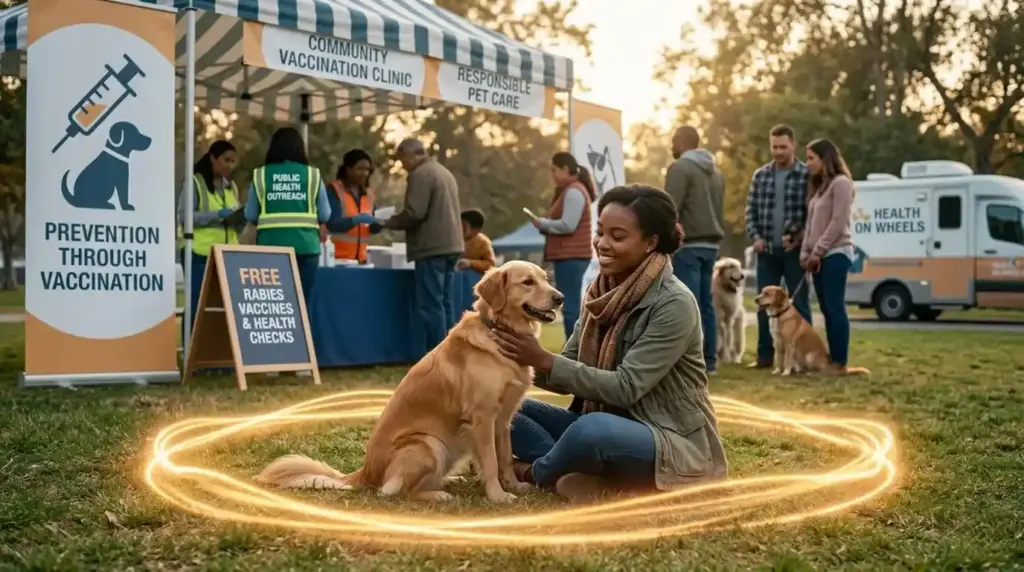 A dog and human protected by a ring of light, symbolizing rabies prevention, vaccination, and public health awareness.