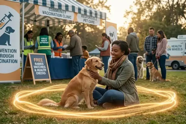 A dog and human protected by a ring of light, symbolizing rabies prevention, vaccination, and public health awareness.