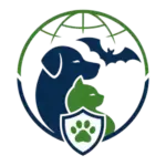 Logo featuring A dog, a cat, and a bat with a partial backdrop of the globe's latitude and longitude lines.