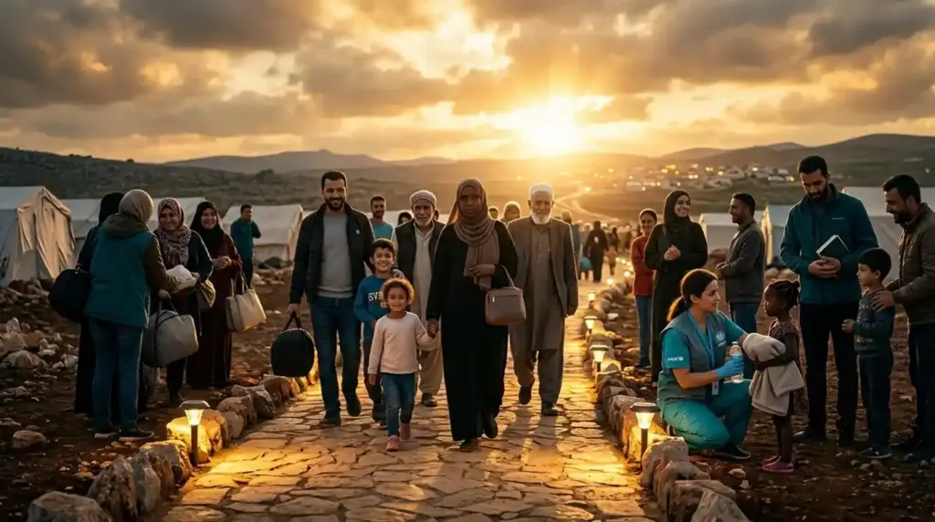 Refugee families walk toward a bright horizon while receiving support from healthcare workers and community members, symbolizing hope and resilience.
