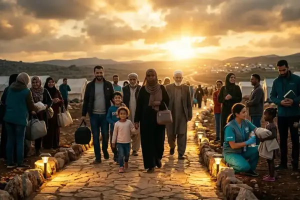 Refugee families walk toward a bright horizon while receiving support from healthcare workers and community members, symbolizing hope and resilience.