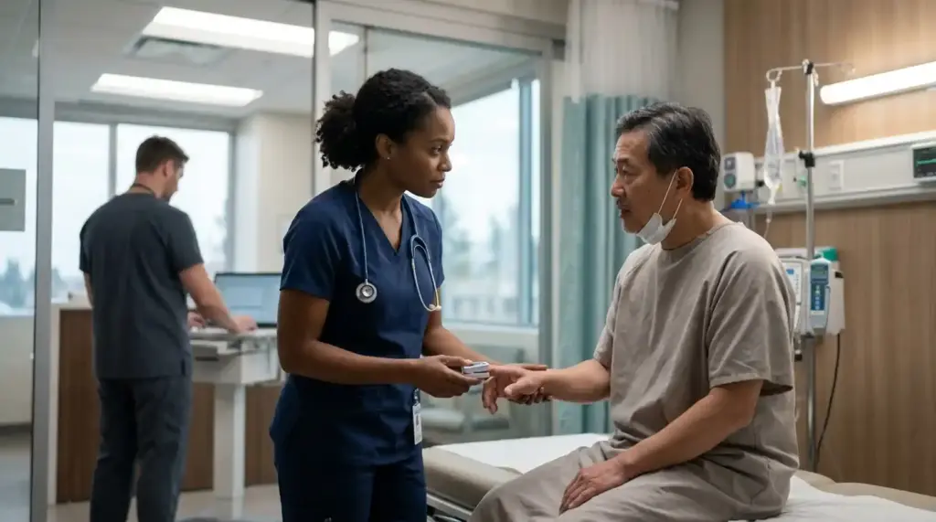 A healthcare professional assessing a patient during a clinical consultation to support early recognition and timely care for sepsis.