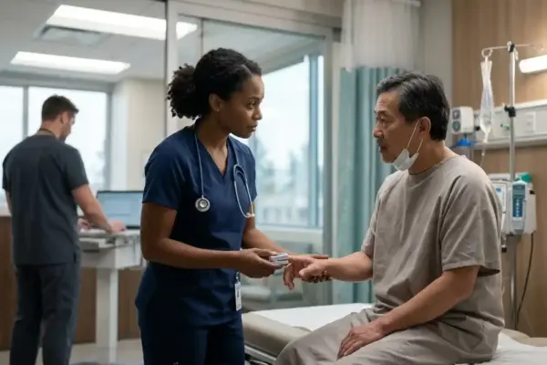 A healthcare professional assessing a patient during a clinical consultation to support early recognition and timely care for sepsis.