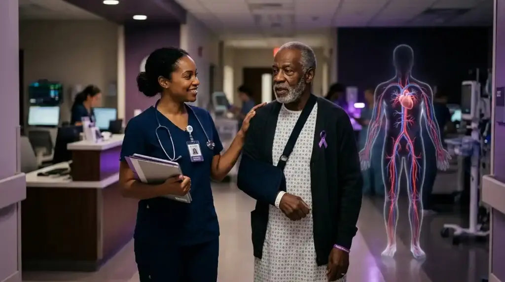A healthcare worker and patient beside an illuminated human silhouette representing circulation and sepsis awareness.