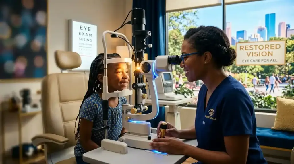 An eye examination reveals a transition from blurred to clear vision, highlighting the importance of eye health and vision care.