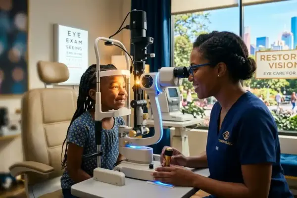 An eye examination reveals a transition from blurred to clear vision, highlighting the importance of eye health and vision care.