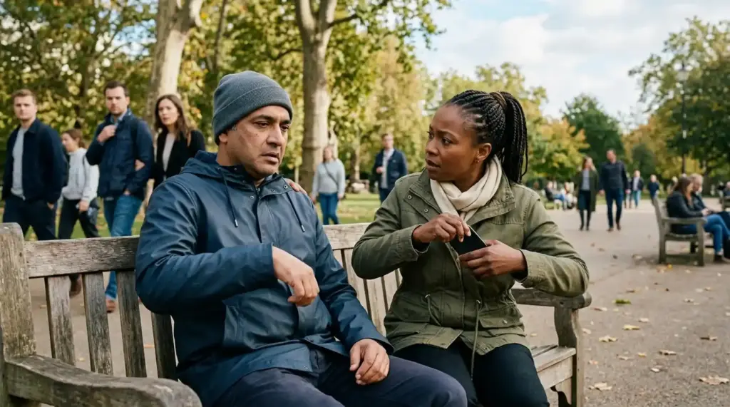 An adult recognizing possible stroke symptoms in a companion and calling for emergency help, illustrating the importance of acting quickly when a stroke is suspected.