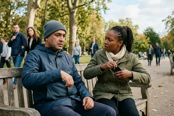 An adult recognizing possible stroke symptoms in a companion and calling for emergency help, illustrating the importance of acting quickly when a stroke is suspected.