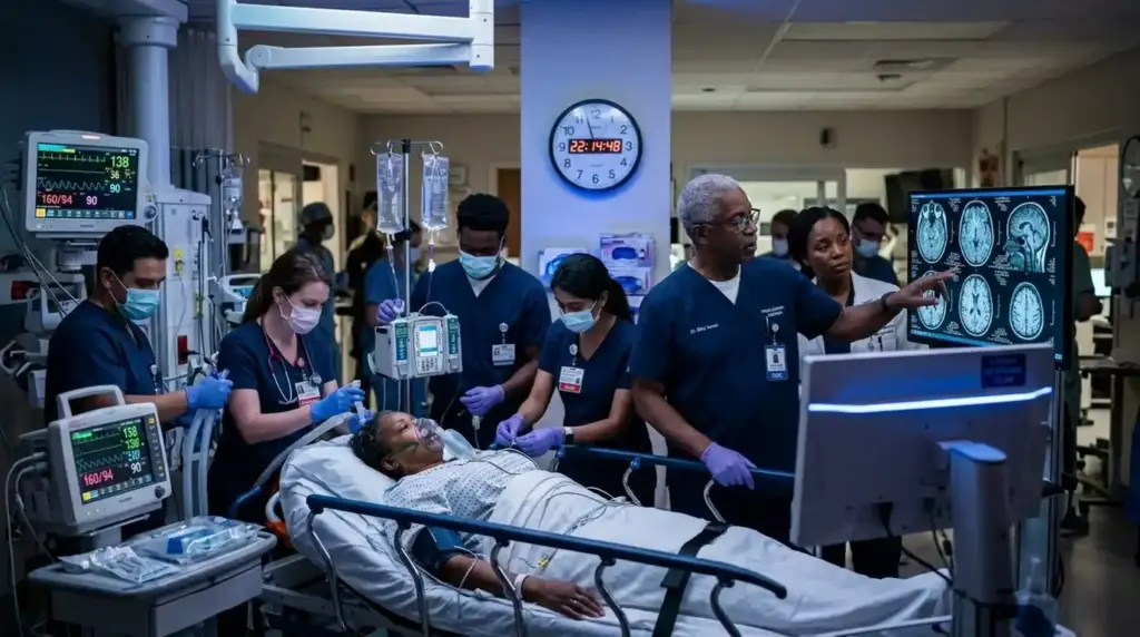 Healthcare professionals provide urgent stroke care to an African-American adult while a professor reviews a brain MRI. A subtle clock emphasizes the importance of rapid treatment.