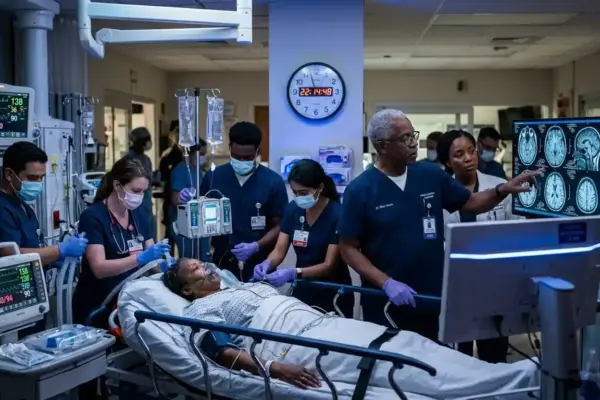 Healthcare professionals provide urgent stroke care to an African-American adult while a professor reviews a brain MRI. A subtle clock emphasizes the importance of rapid treatment.