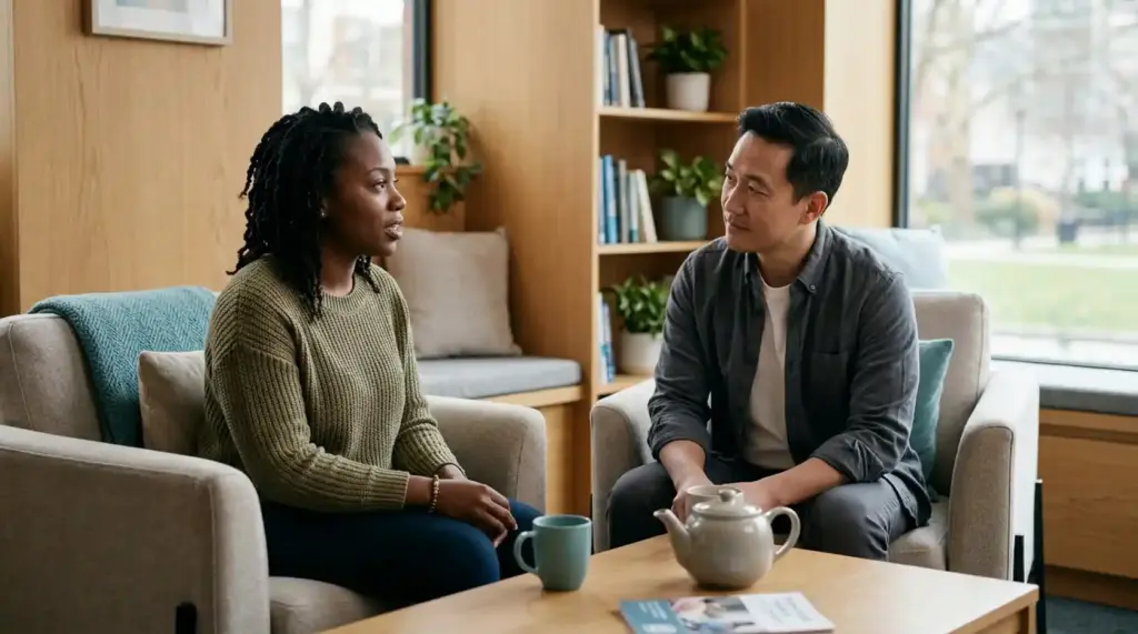 Two adults having a calm and supportive conversation in a quiet setting, reflecting the importance of connection and suicide prevention.