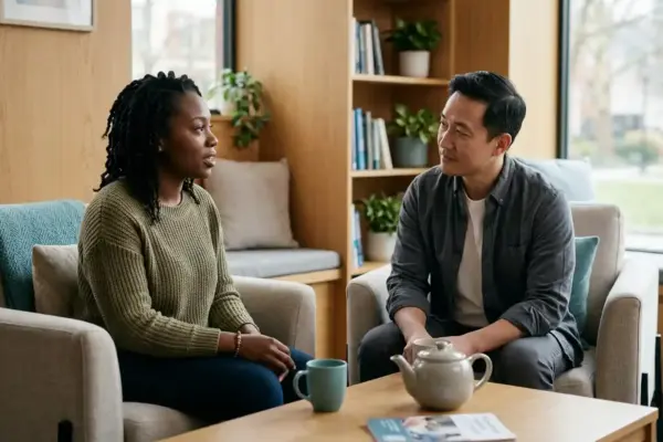 Two adults having a calm and supportive conversation in a quiet setting, reflecting the importance of connection and suicide prevention.