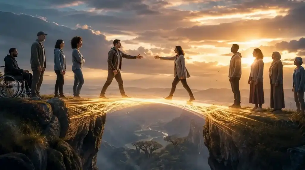 People standing together on a bridge of light, reaching out to support one another, symbolizing suicide prevention and community connection.