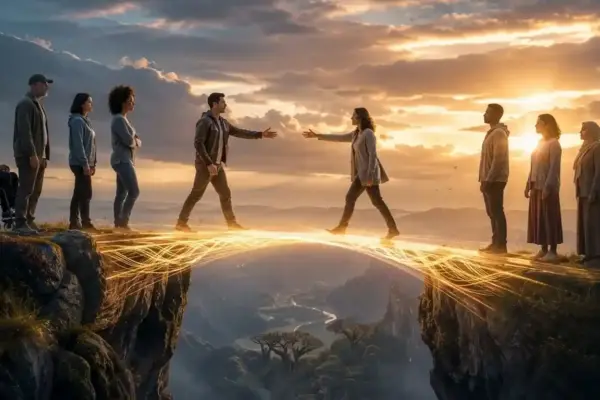 People standing together on a bridge of light, reaching out to support one another, symbolizing suicide prevention and community connection.
