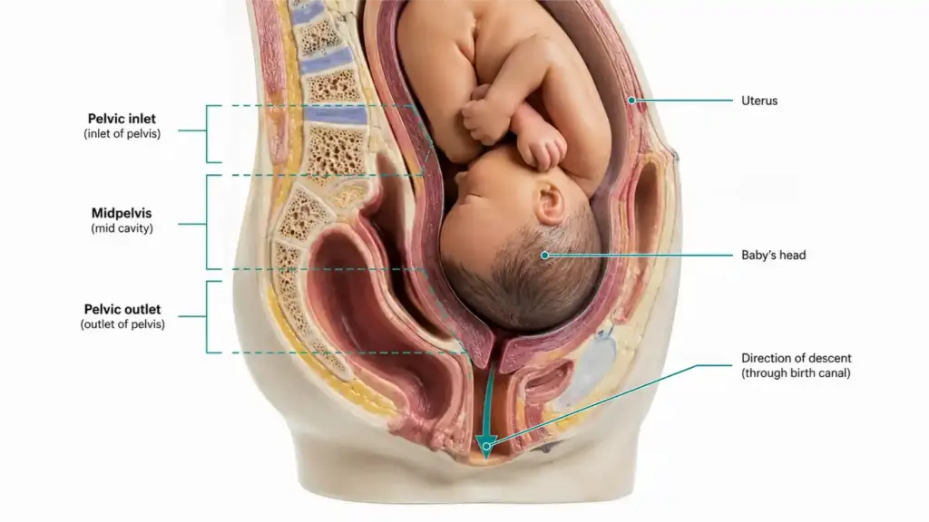 Medical illustration showing a baby descending through the mother's pelvis during labor.