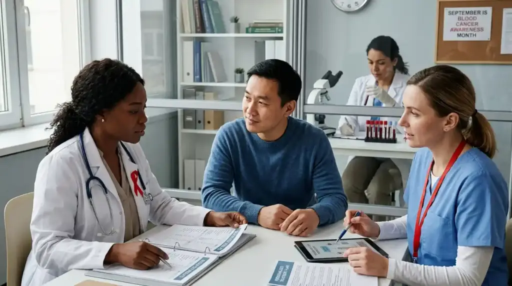 A hematology team reviews blood test results with a patient in a modern clinic, emphasizing early diagnosis, personalized treatment, and ongoing care for blood cancers.