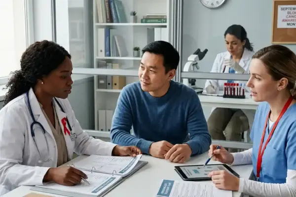 A hematology team reviews blood test results with a patient in a modern clinic, emphasizing early diagnosis, personalized treatment, and ongoing care for blood cancers.
