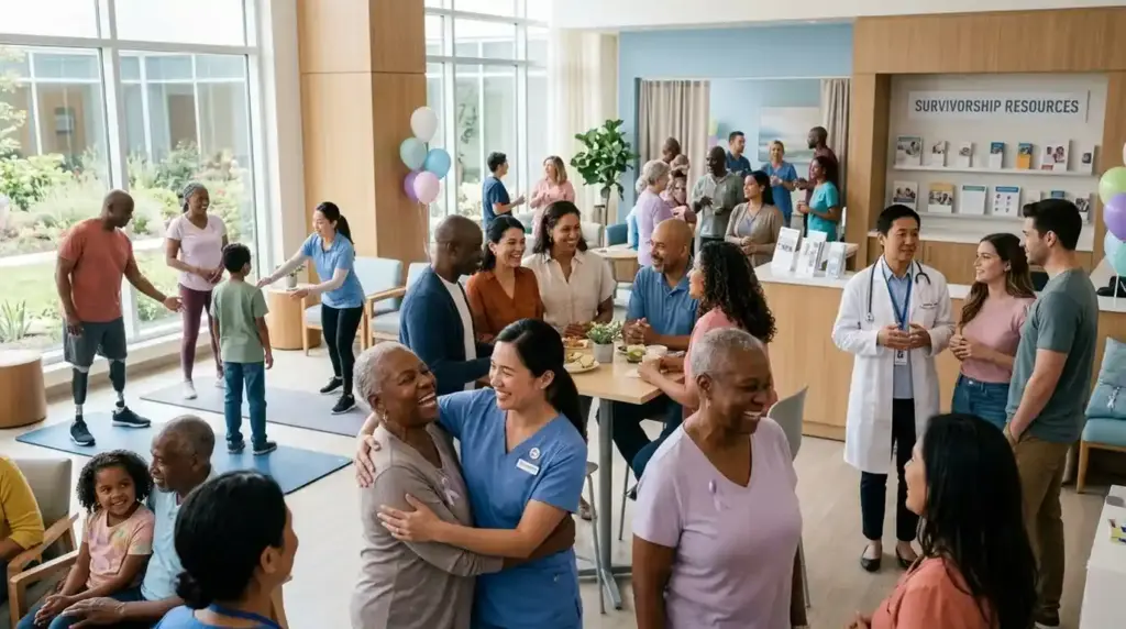 Cancer survivors from diverse backgrounds gather with healthcare professionals, caregivers, and loved ones in a supportive wellness center, celebrating resilience, recovery, lifelong follow-up care, and hope after cancer.