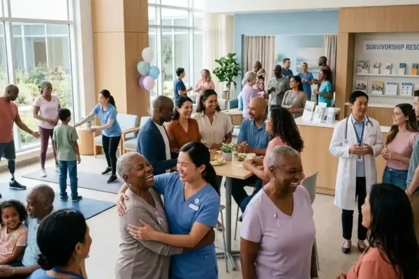 Cancer survivors from diverse backgrounds gather with healthcare professionals, caregivers, and loved ones in a supportive wellness center, celebrating resilience, recovery, lifelong follow-up care, and hope after cancer.