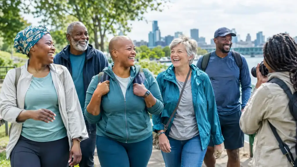 Cancer survivors enjoying an outdoor community experience together, representing life, recovery, connection and meaningful living beyond cancer.