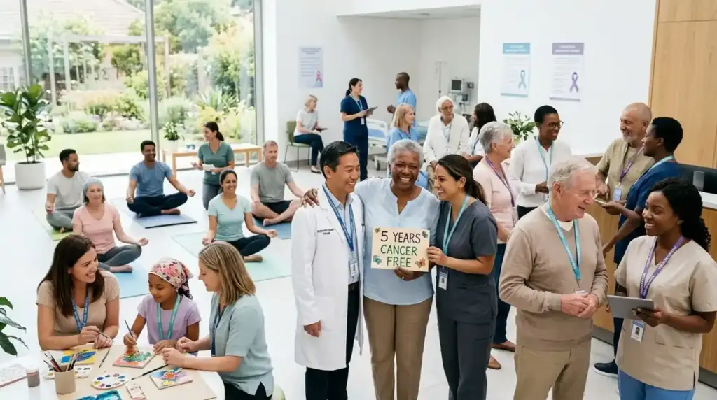 Cancer survivors gather with healthcare professionals and loved ones in a supportive setting, celebrating resilience, recovery, and the importance of lifelong survivorship care.