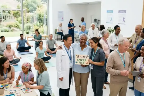 Cancer survivors gather with healthcare professionals and loved ones in a supportive setting, celebrating resilience, recovery, and the importance of lifelong survivorship care.