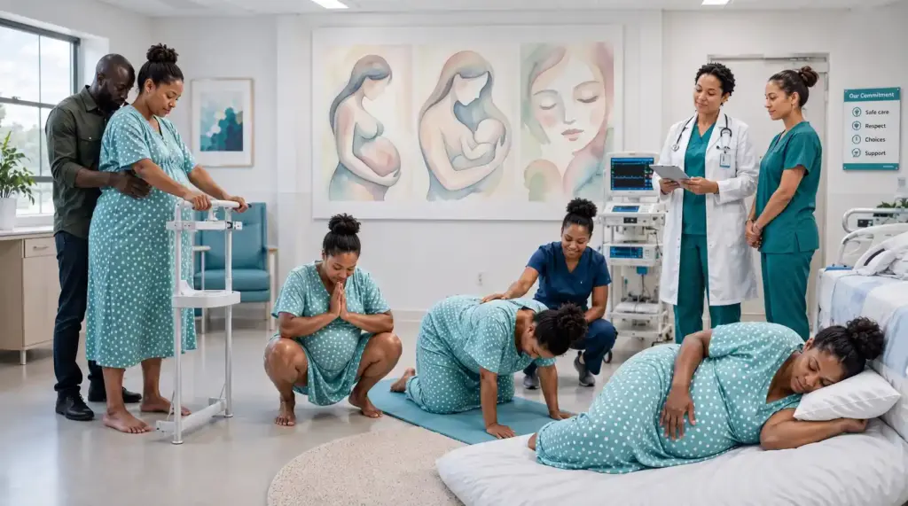 Healthcare team helping a woman choose the best birthing position during labor and delivery.