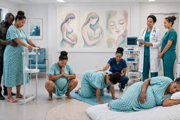 Healthcare team helping a woman choose the best birthing position during labor and delivery.