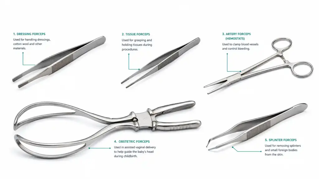 A collection of commonly used medical forceps arranged neatly on a white background. Include dressing forceps, tissue forceps, artery forceps (hemostats), obstetric forceps, and splinter forceps.