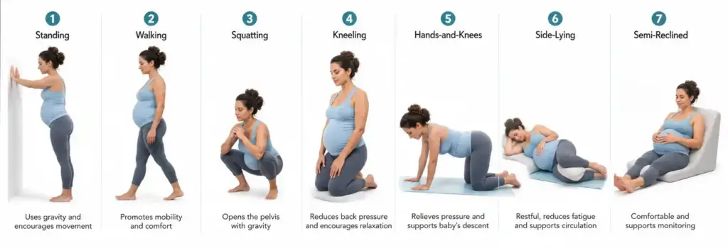 Infographic comparing common birthing positions and their potential benefits during labor.