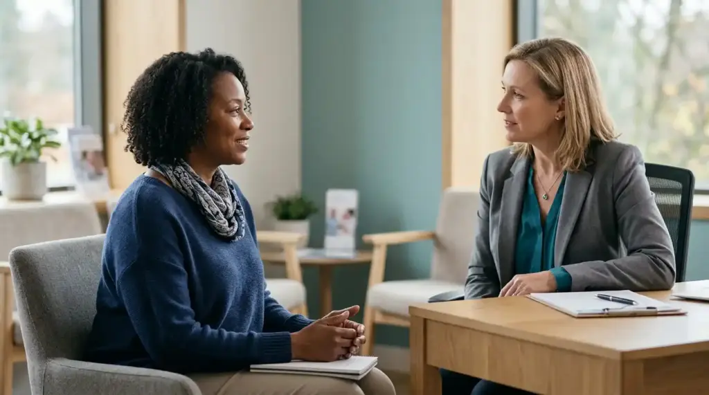 Woman discussing gynecologic health and cancer prevention with a healthcare professional during a consultation.