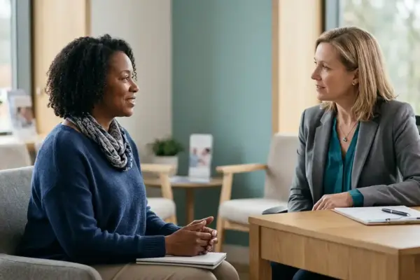 Woman discussing gynecologic health and cancer prevention with a healthcare professional during a consultation.